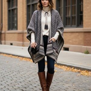 Marc New York by Andrew Marc | Geometric Knit Blanket Wrap Poncho